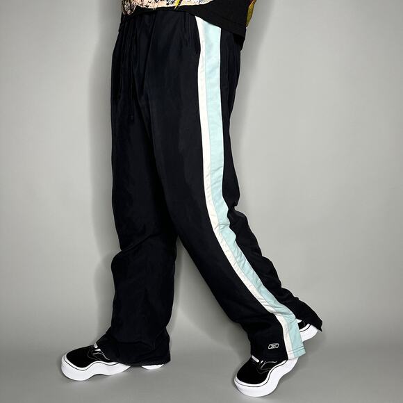 Vintage Reebok Track Pants Jet Black Polyester Sweatpants Mint Blue Y2K - Picture 1 of 4